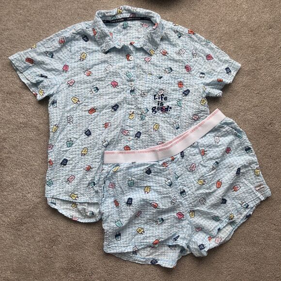 Life is Good Pajama Set Womens Medium Tee and Shorts Blue Seersucker Popsicles - Picture 1 of 12
